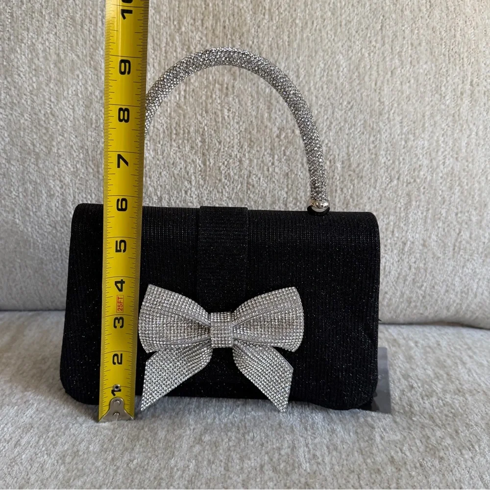 Sincerely Jules Black Evening Bag with Rhinestone Bow & Handle